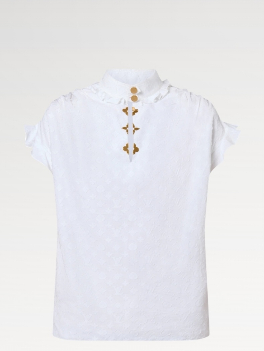 Louis Vuitton White Jacquard Ruffle Mock-Neck Top with Gold Accents